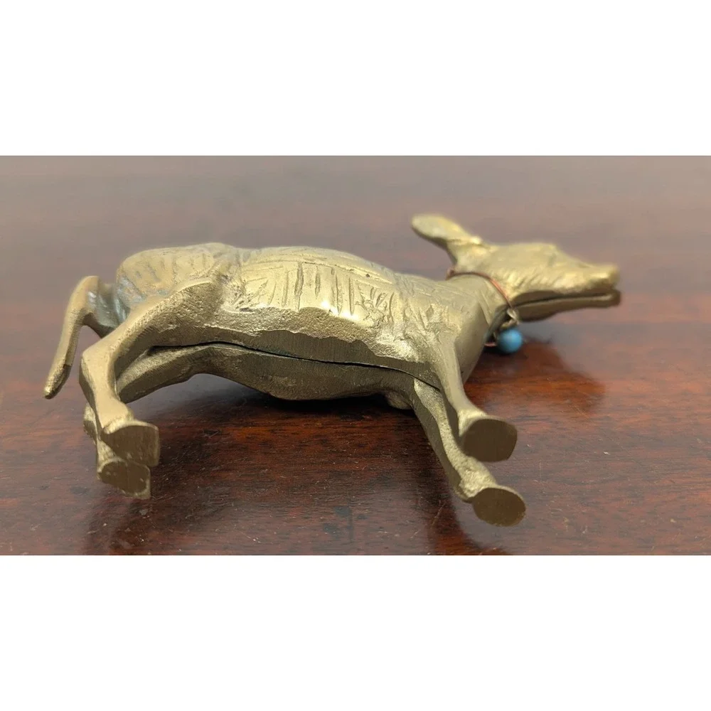 Vintage Brass Donkey Mule Figurine Engraved Saddle Turquoise Bead 5 Inch Decor